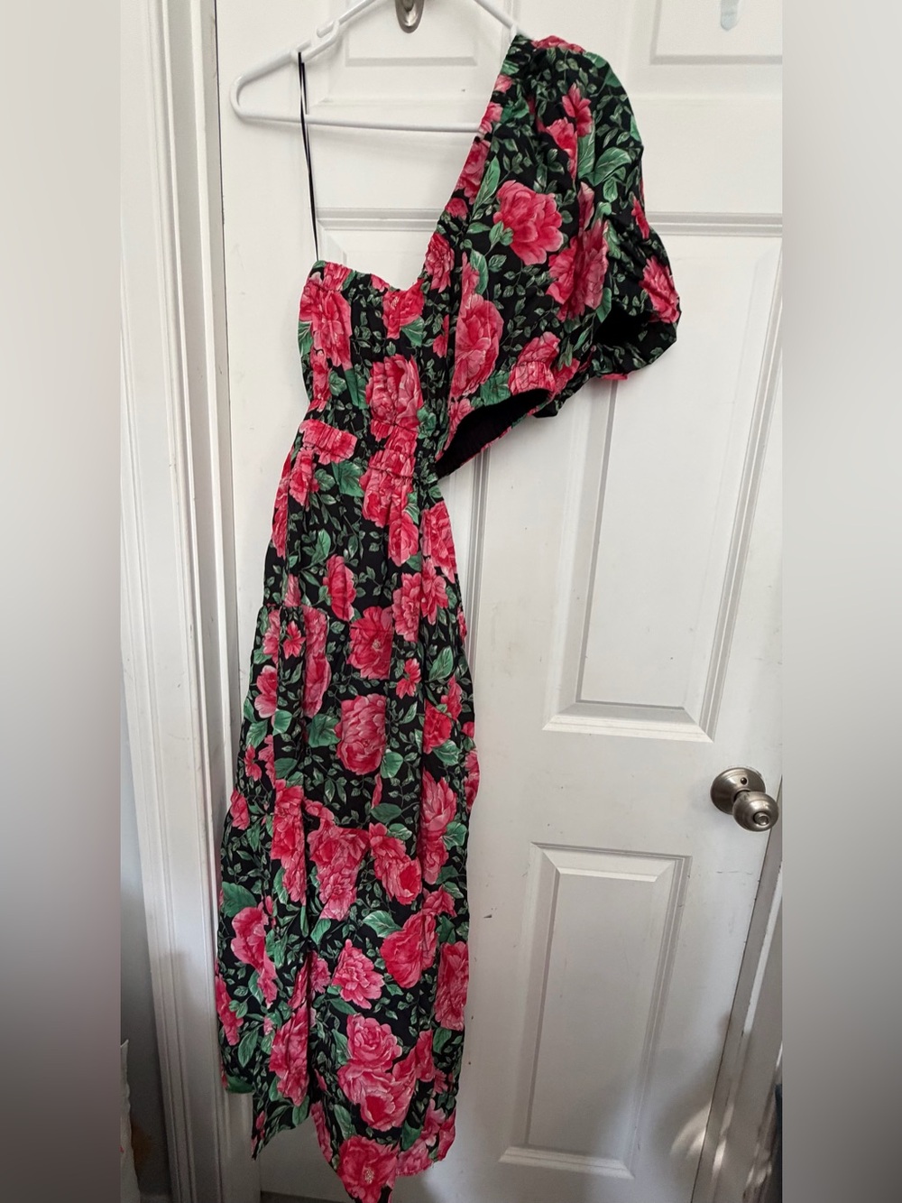 Moon River One-Shoulder Maxi Dress with Pink Rose Print
